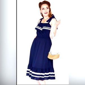 VOODO VIXEN NAUTICAL BUST RUFFLE TIE STRAP MIDI DRESS Sleeveless Flare Size L